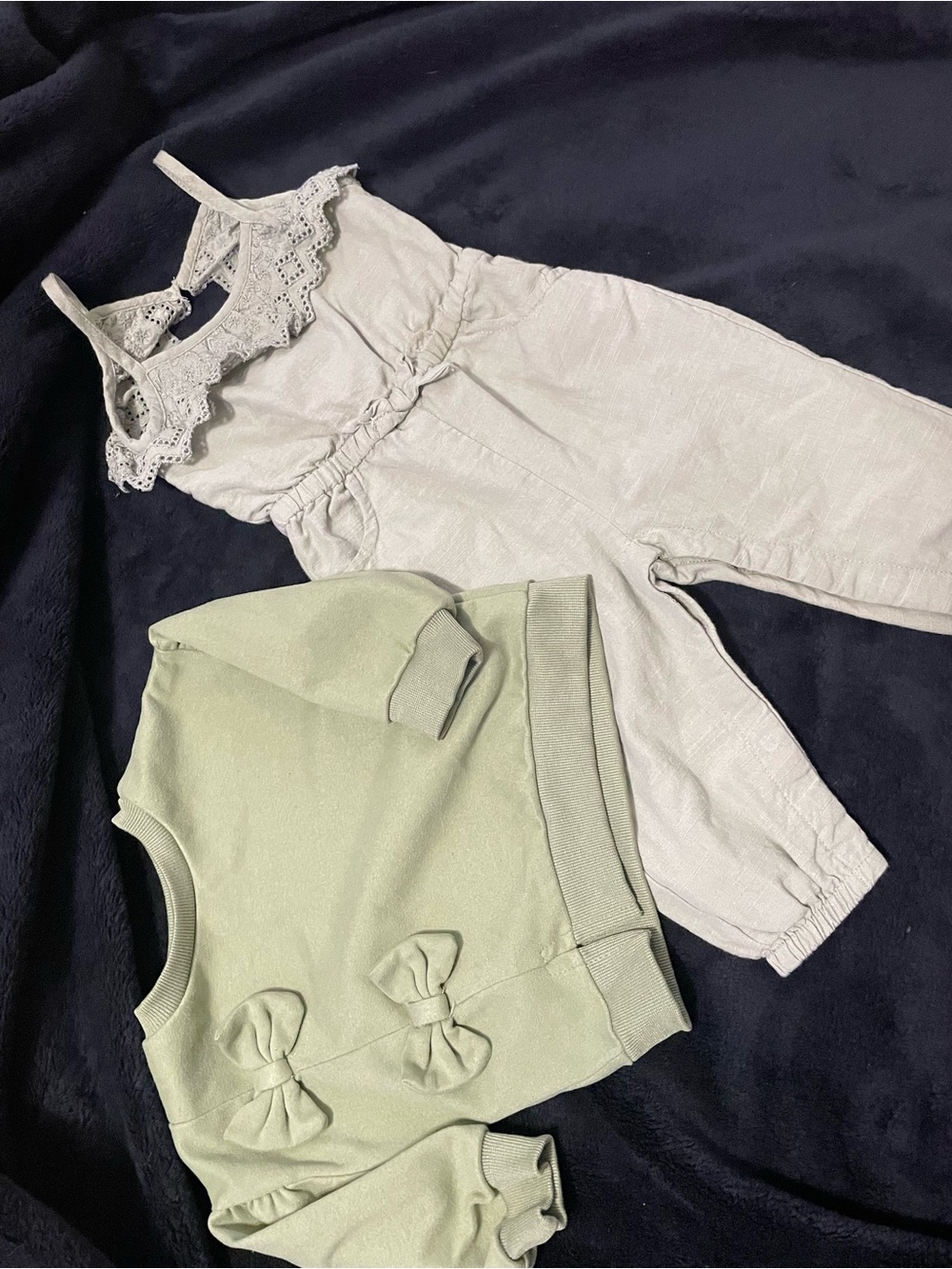 Rachel Zoe Light Sage Lace Romper. Matched with Sage green bow sweater